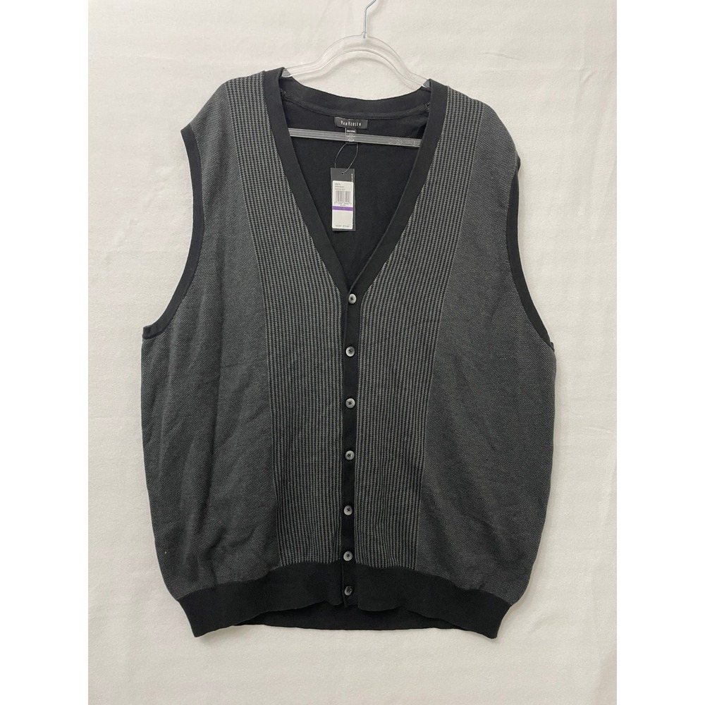 New Van Heusen Fashion Vest 2XLT Black Grey Cotton Knit Button Front Grandpa